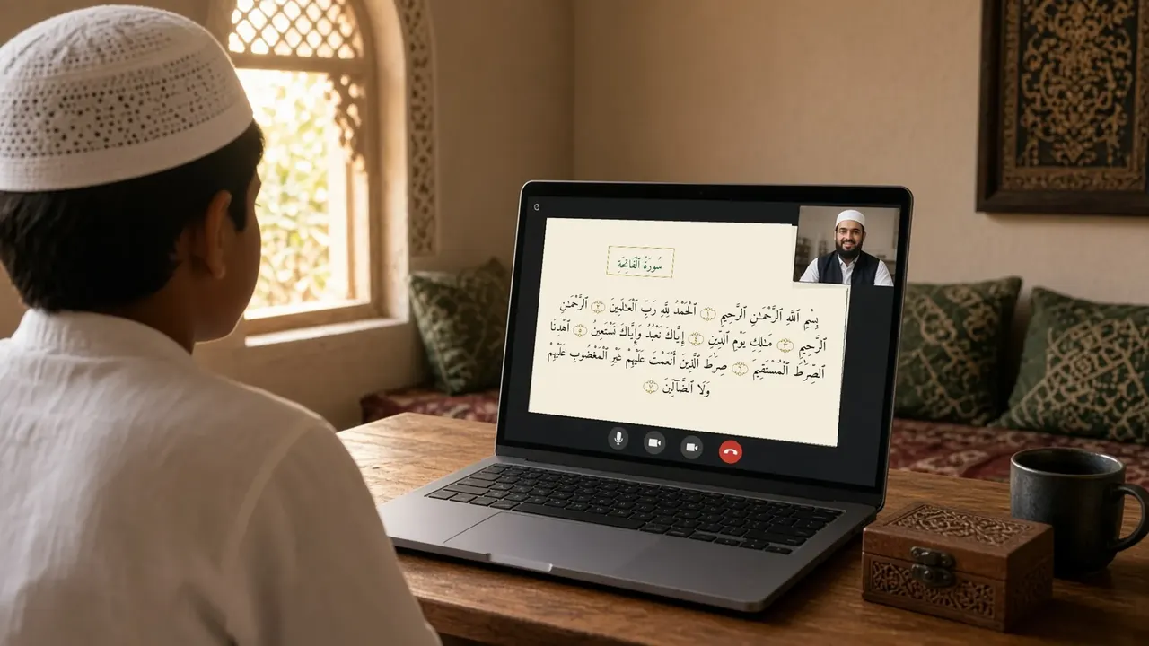 Ghar par online Quran class: bacha laptop par video call me teacher ke saath screen-share kiya gaya Surah Al-Fatiha padh raha hai
